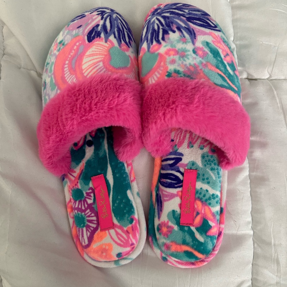 Lilly Pulitzer Clara Velour Slippers Seaside Carnivale Size 9/10 like new